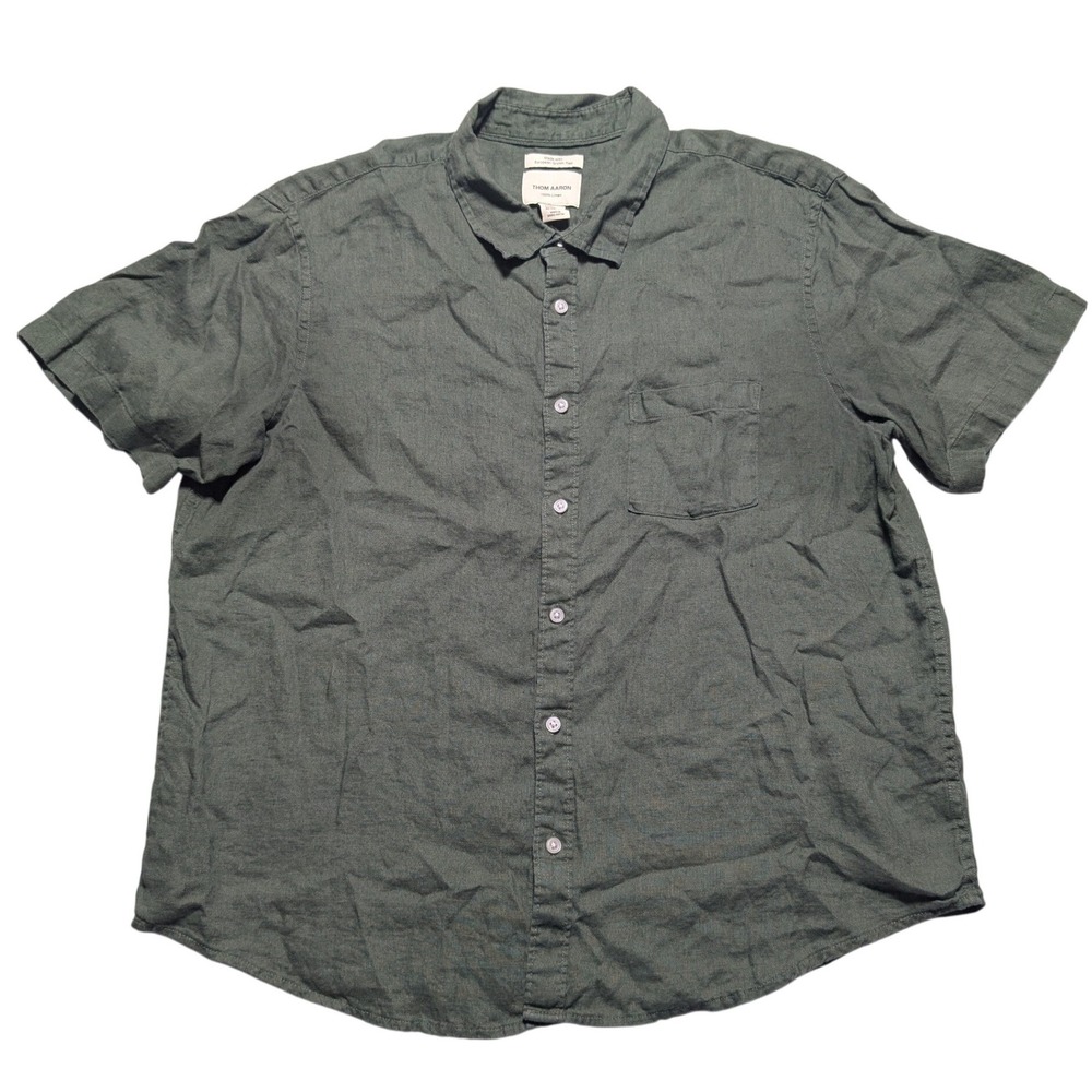 Thom Aaron Mens 2XL Olive Green 100% Linen Short Sleeve Button Down Shirt